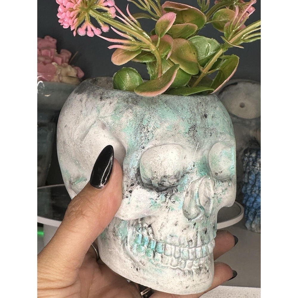 Skull Concrete Plant Pot Black Green Handmade Cement Succulent Planter - Picture 2 of 10